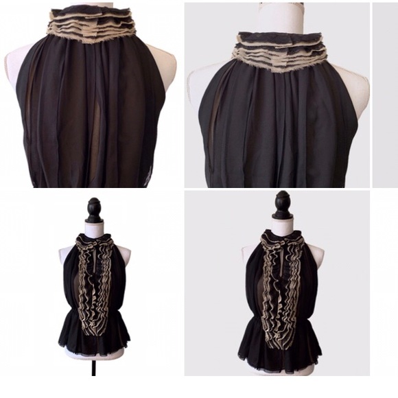 ROBERT RODRIGUEZ TWO TONE SHEER CHIFFON SLEEVELESS RUFFLE PEPLUM BLOUSE - Picture 11 of 16